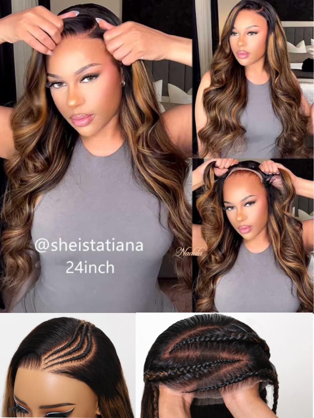 باروكة Nadula Bye Bye Knots Glueless مع هايلايت بالياج بني – شعر طبيعي 20 بوصة - الصورة 2