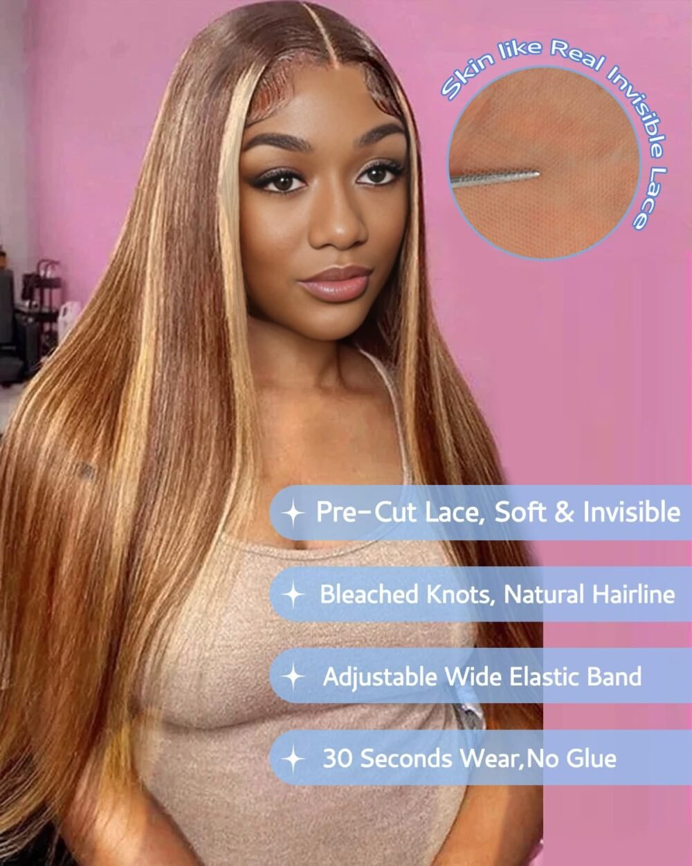 باروكة شعر بشري 24 بوصة، هايلايت أومبري 4/27، 9x6 رباط، بدون غراء، مشذبة مسبقًا، كثافة 200%، شعر مستقيم، رباط أمامي HD - الصورة 5