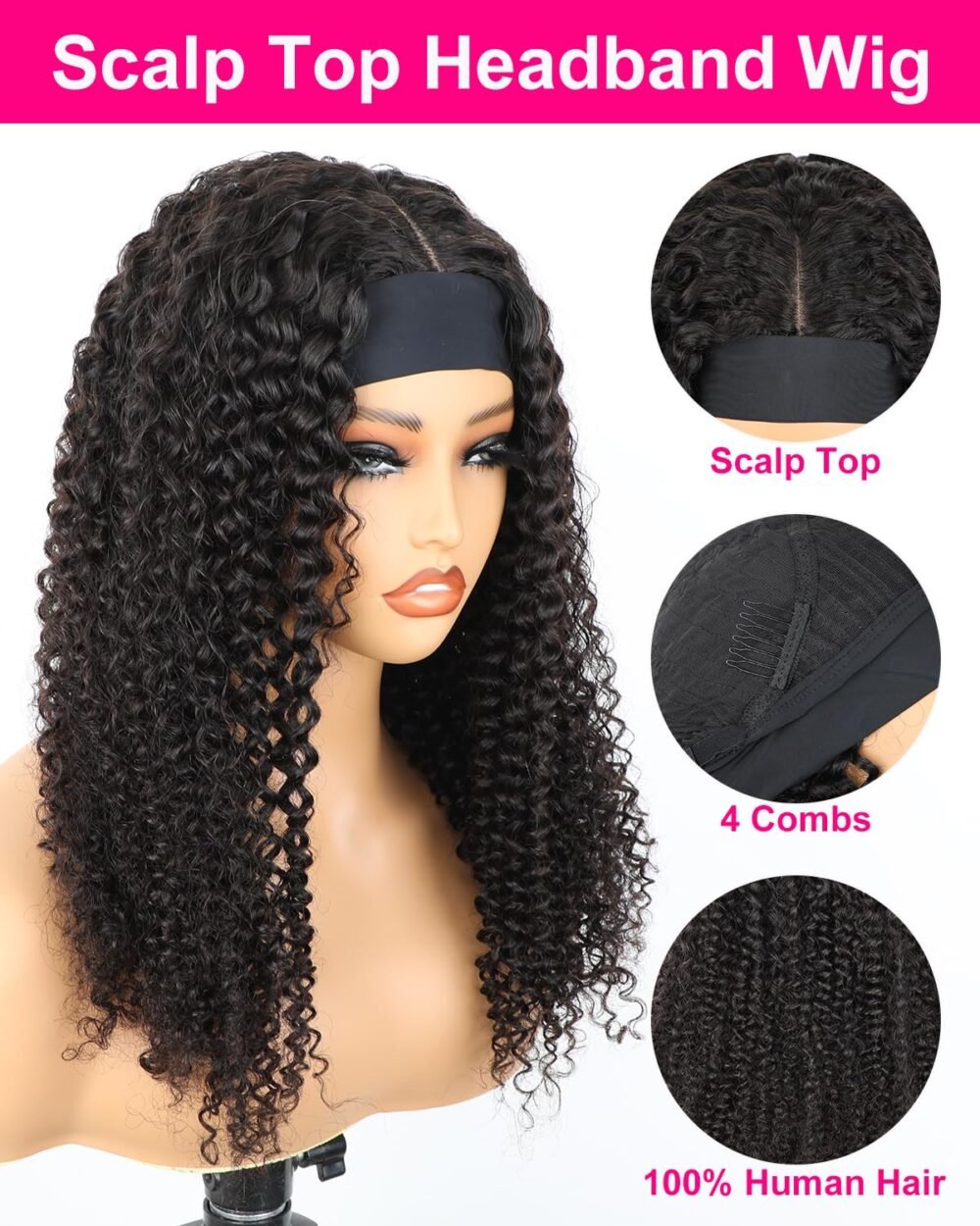 ⁦باروكة Vshow كيرلي كينيكي مع رباط رأس - شعر بشري 100%، 24 بوصة، كثافة 180%، شعر برازيلية طبيعي، بدون غراء⁩ - الصورة ⁦3⁩