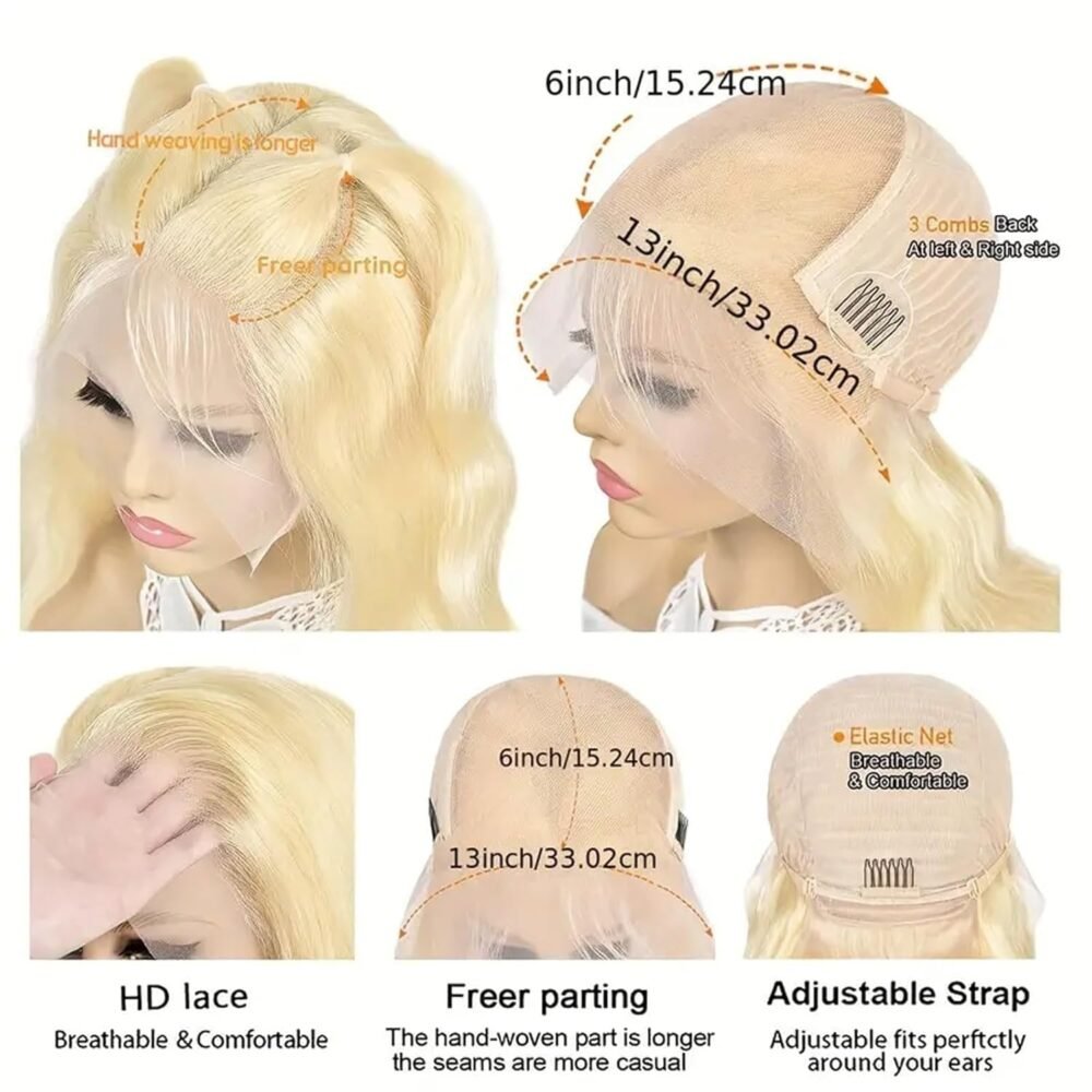 باروكة شعر بشري 613 بليس 32 بوصة، 13x6 رباط أمامي، هايلايت بلوند، تموجات جسم، باروكة شعر بشري مع شعر صغير، مشذبة مسبقًا - الصورة 3