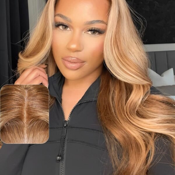 باروكة UNICE Bye Bye Knots 20 بوصة بشعر بشري - مع تسريحة Body Wave وخصائص 7x5 دانتيلا غير مرئية، شعر بشري مع خصلات باللون العسلي، جاهزة للاستخدام دون غراء