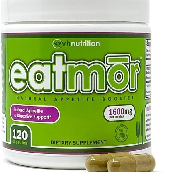 VH Nutrition Eatmor | حبوب زيادة الوزن للنساء والرجال | مصممة خصيصًا للنساء مع الجنطين، الزنجبيل، الفصفص | 120 كبسولة سهلة البلع