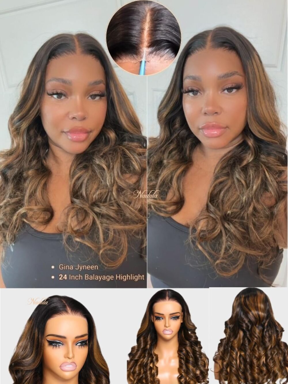 باروكة Nadula Bye Bye Knots Glueless مع هايلايت بالياج بني – شعر طبيعي 20 بوصة - الصورة 3