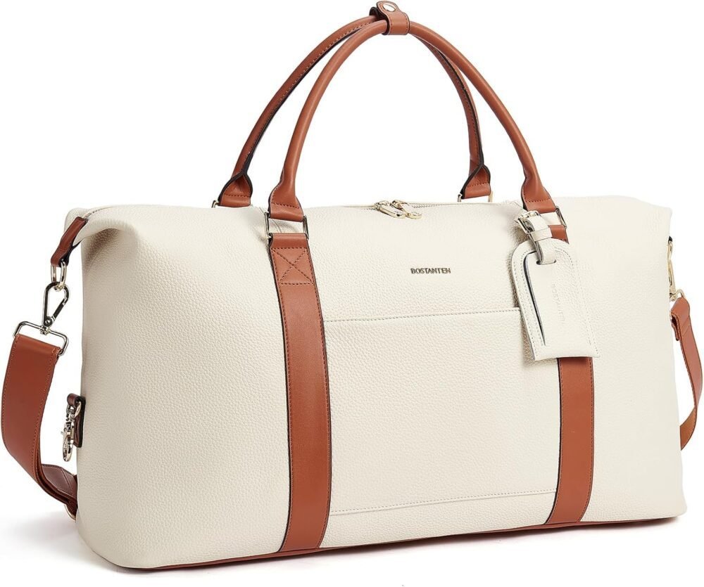 حقيبة "بوستانتن" لرحلات نهاية الأسبوع للنساء، حقيبة سفر جلدية كبيرة مع جيب لعربة الأمتعة وعلامة للحقائب