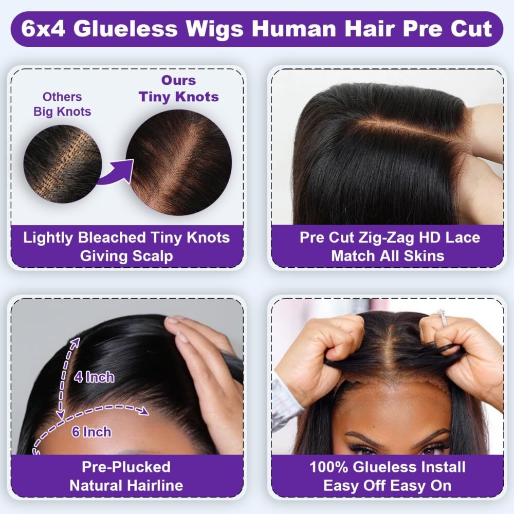 باروكة جاهزة للارتداء 6x4 Glueless 250% كثافة، شعر طبيعي، 26 بوصة – باروكة مستقيمة للنساء السود مع دانتيل HD - الصورة 2