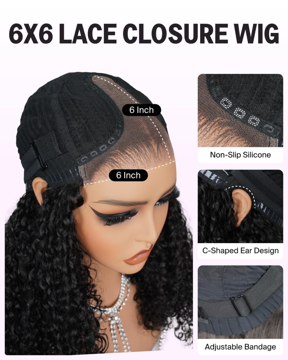 باروكة شعر بشري MEGALOOK كيرلي كثيف 250% كثافة، جاهزة للاستخدام بدون غراء، رباط 6x6، مشذّبة مسبقًا، 18 بوصة - الصورة 5