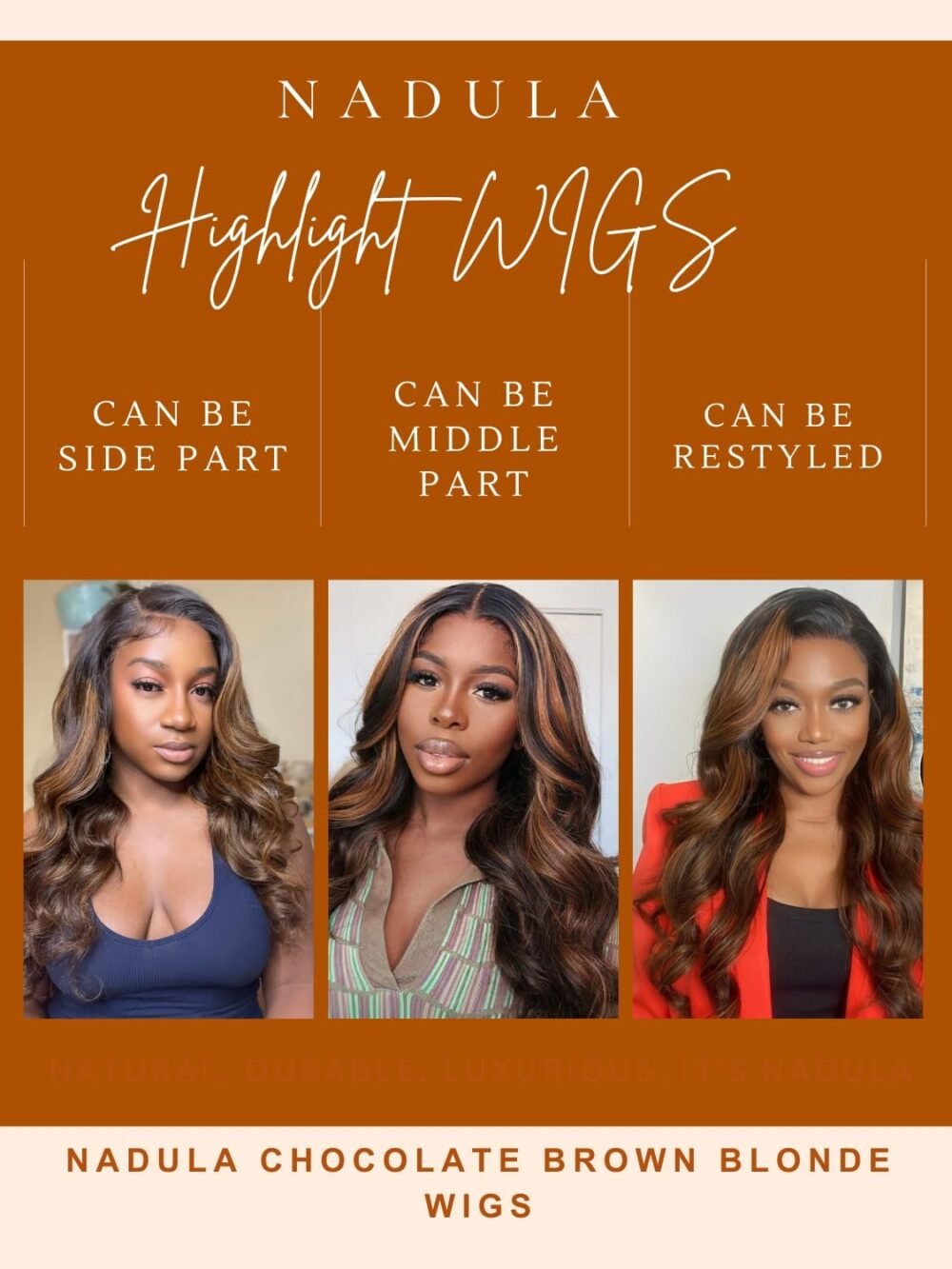 باروكة Nadula Bye Bye Knots Glueless مع هايلايت بالياج بني – شعر طبيعي 20 بوصة - الصورة 6