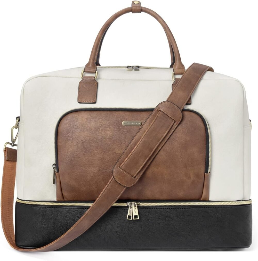 حقيبة السفر "كلوسي" للنساء - حقيبة دفل جلدية كبيرة مع حجرة للأحذية، حقيبة أسبوعية، حقيبة لليلة واحدة - بيج مع بني وأسود
