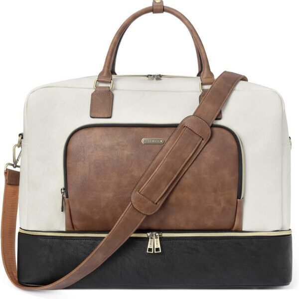 حقيبة السفر "كلوسي" للنساء - حقيبة دفل جلدية كبيرة مع حجرة للأحذية، حقيبة أسبوعية، حقيبة لليلة واحدة - بيج مع بني وأسود