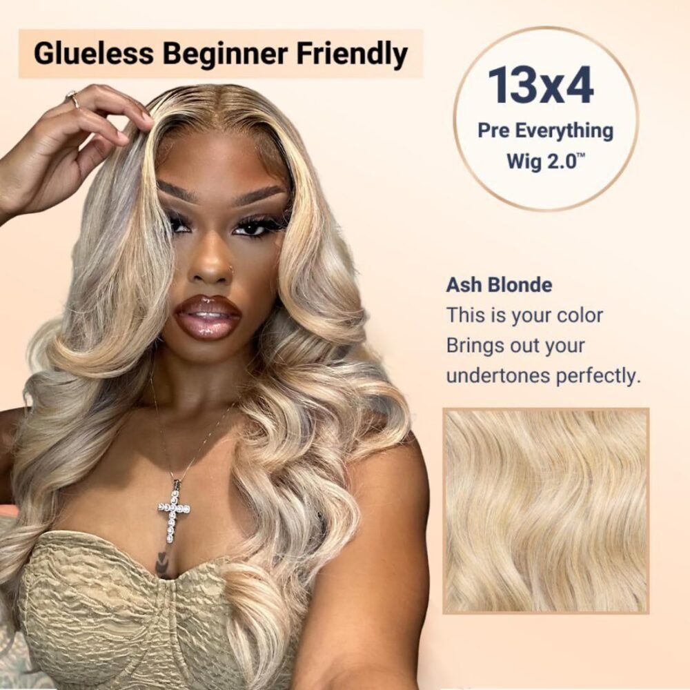 باروكة UNICE 22 بوصة أش بلوند - بدون غراء، تموجات جسم، رباط أمامي 13x4، مشذبة مسبقًا، عُقد مبيّضة، شعر بشري - الصورة 2