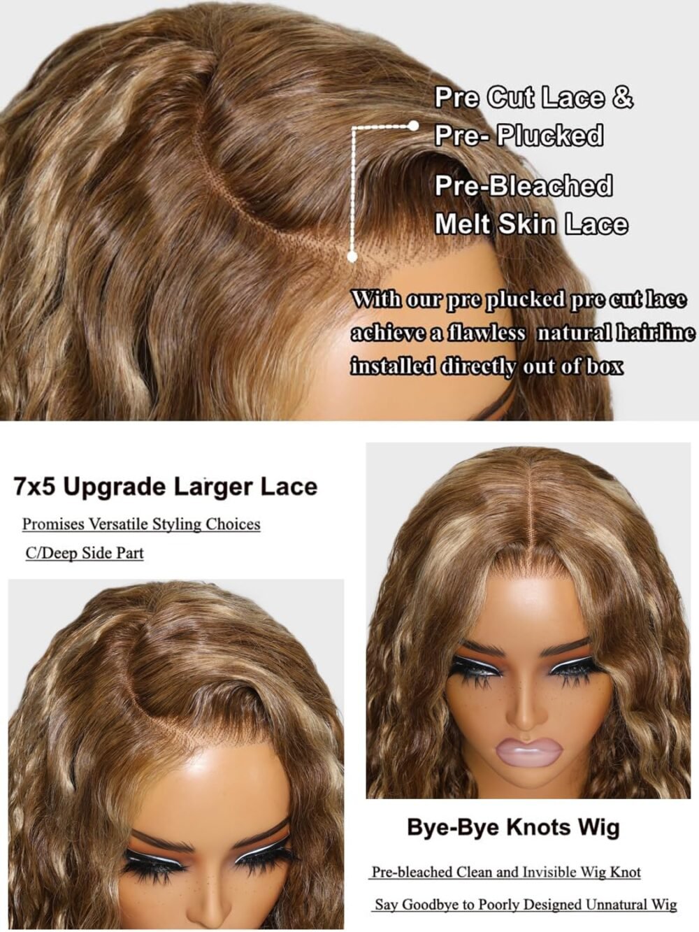 باروكة UNICE Water Wave بشعر بشري مع خصلات باللون الأشقر، مع تقنية Bye Bye Knots - 24 بوصة، دانتيلا 7x5، جاهزة للاستخدام دون غراء - الصورة 3