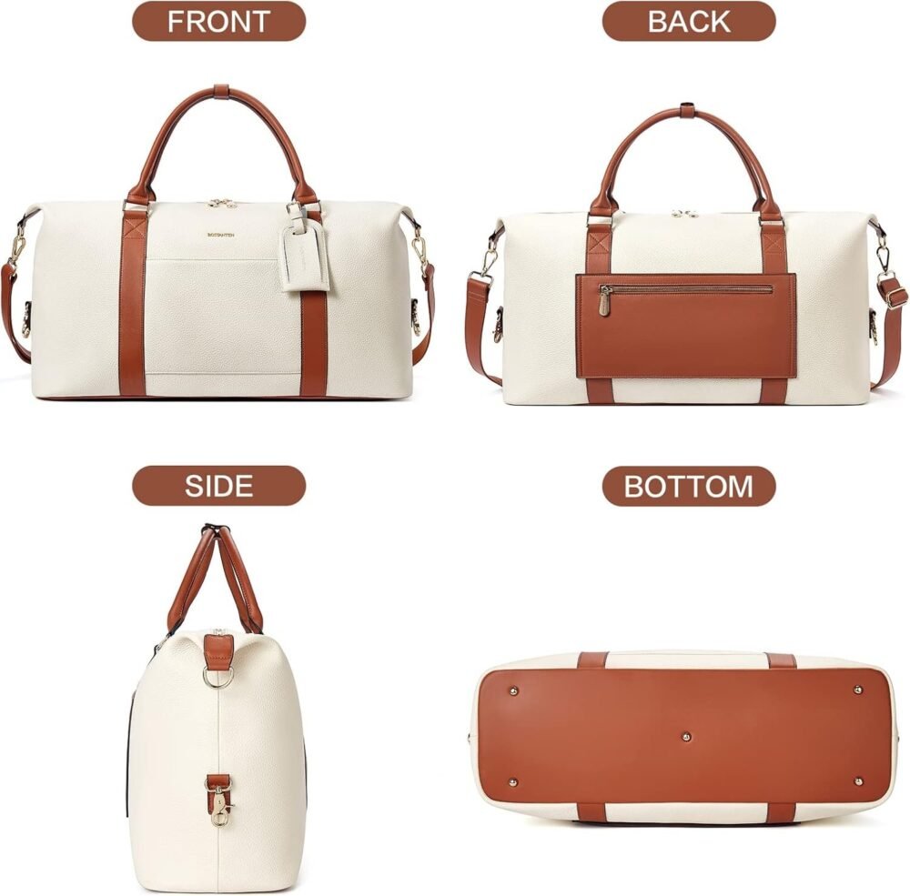 حقيبة "بوستانتن" لرحلات نهاية الأسبوع للنساء، حقيبة سفر جلدية كبيرة مع جيب لعربة الأمتعة وعلامة للحقائب - الصورة 6