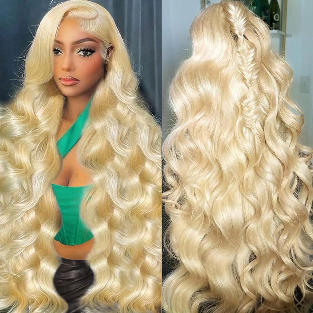 باروكة شعر بشري 613 بغطاء أمامي 13x6 HD، 32 بوصة، تموجات جسم، كثافة 250%، شعر أشقر، بدون غراء، مع عقد مبيضة مسبقًا