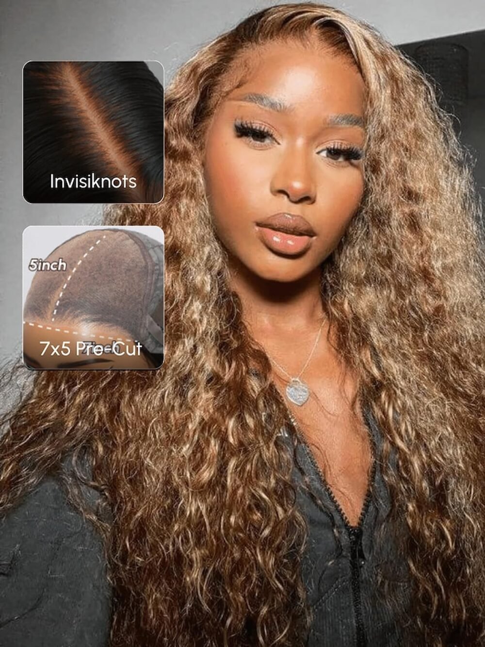 باروكة UNICE Water Wave بشعر بشري مع خصلات باللون الأشقر، مع تقنية Bye Bye Knots - 24 بوصة، دانتيلا 7x5، جاهزة للاستخدام دون غراء - الصورة 4