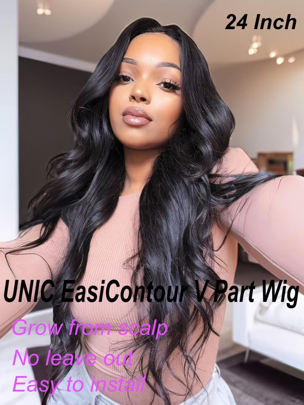 باروكة شعر بشري UNICE EasiContour V Part، 24 بوصة، تموجات جسمية، بدون غراء، سهولة في الاستخدام - الصورة 3