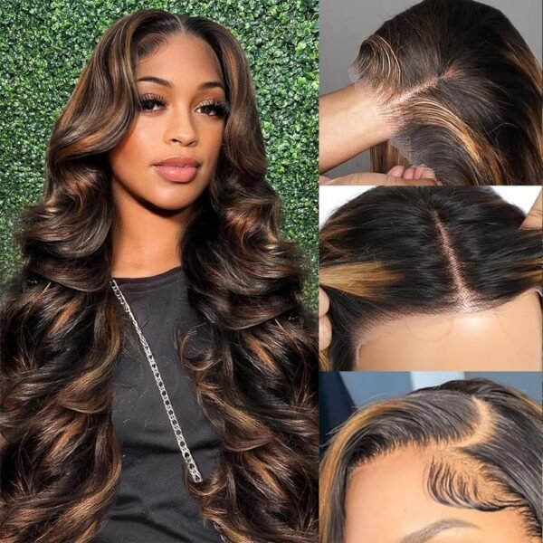 باروكة شعر طبيعي 32 بوصة - بدون غراء، مشذبة مسبقًا، 1B/30، هايلايت بني عسلي، رباط 13x4