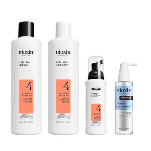 Nioxin System Kit 4 - مجموعة علاج وتنظيف وتغذية لفروة الرأس لشعر أكثر كثافة وقوة (مناسب لجميع أنواع الشعر الرقيق) مع سيروم القوة النهائي وعلاج مكثف ضد تساقط الشعر (حجم كامل)