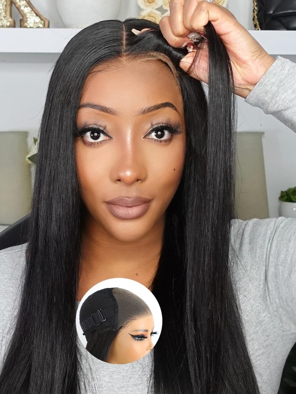 باروكة شعر طبيعي Domiso 26 بوصة - بدون غراء، رباط HD 8x5، مشذبة مسبقًا، شعر مستقيم حرير، كثافة 180%، لون أسود طبيعي