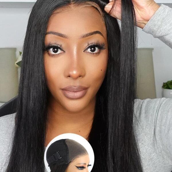 باروكة شعر طبيعي Domiso 26 بوصة - بدون غراء، رباط HD 8x5، مشذبة مسبقًا، شعر مستقيم حرير، كثافة 180%، لون أسود طبيعي