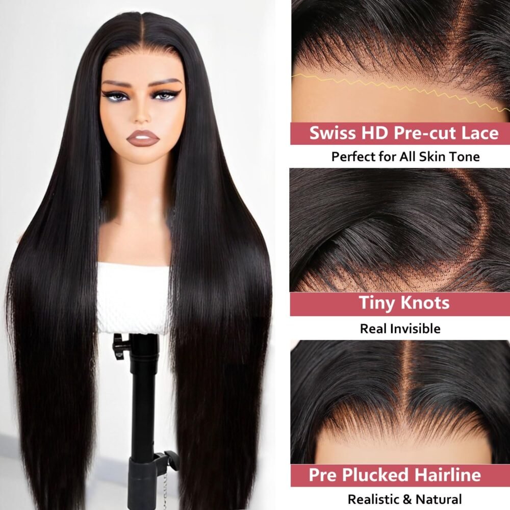 باروكة شعر طبيعي مستعار بتقنية Glueless من CUTE BEIN – تصميم مستقيم، 26 بوصة، كثافة 250%، بخط شعر طبيعي مع خصل Baby Hair - الصورة 2