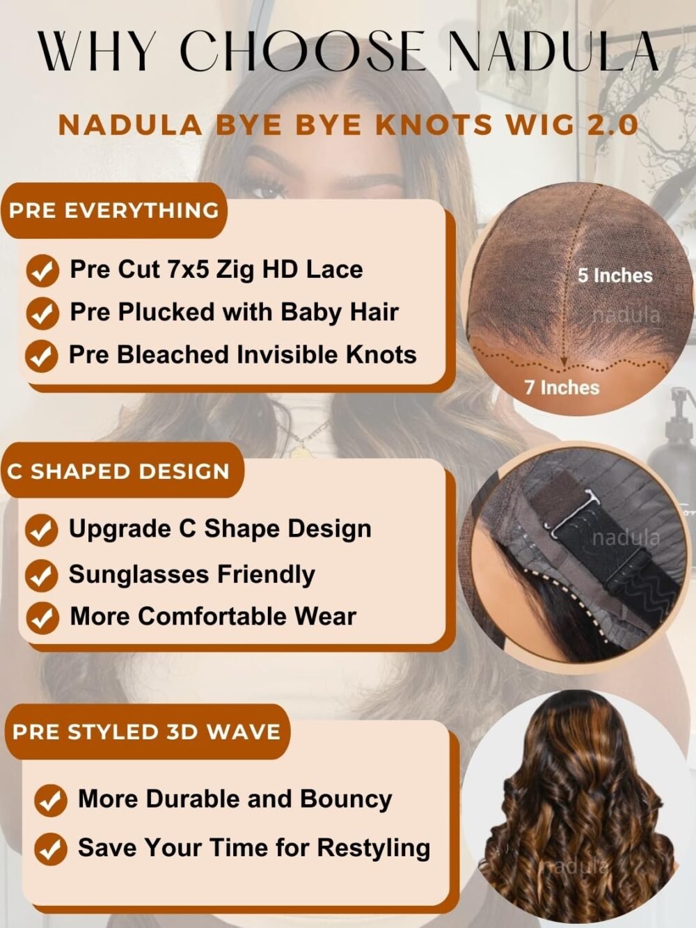 باروكة Nadula Bye Bye Knots Glueless مع هايلايت بالياج بني – شعر طبيعي 20 بوصة - الصورة 4