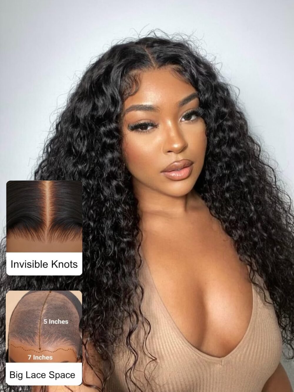 ⁦باروكة UNICE شعر بشري كيرلي بتأثير الأمواج المائية - رباط 7x5، بدون غراء، مشذبة مسبقًا مع شعر صغير، 20 بوصة⁩ - الصورة ⁦2⁩