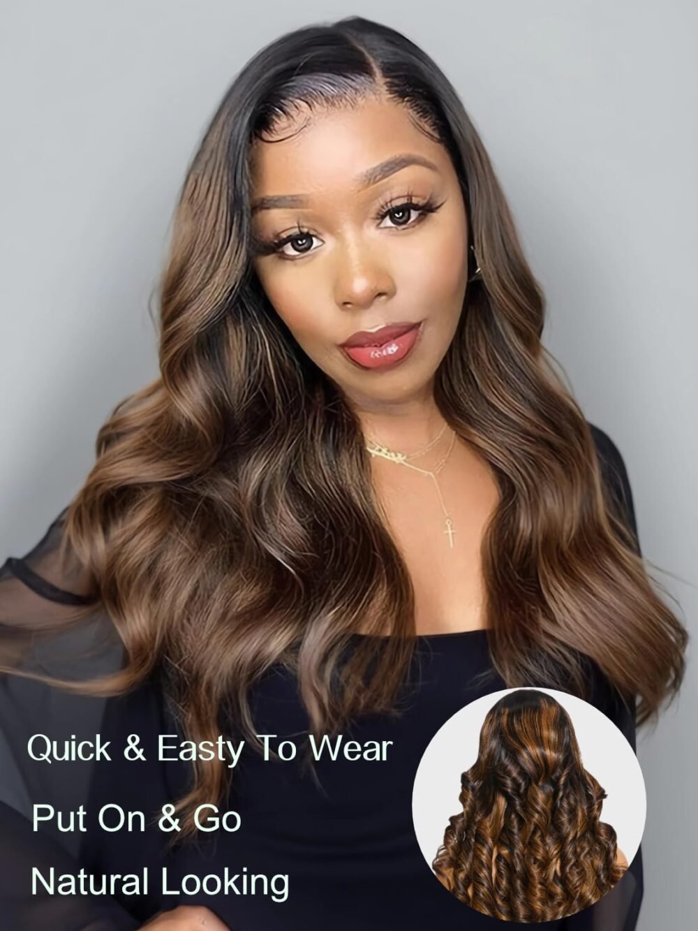 ⁦باروكة Julia Hair Bye Bye Knots بلون هايلايت بالياج بني - رباط أمامي HD 7x5، بدون غراء، تموجات جسم، مشذبة مسبقًا، شعر بشري 22 بوصة⁩ - الصورة ⁦4⁩