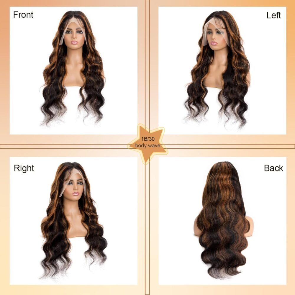 باروكة Ombre 30 بوصة من الشعر البشري - دانتيلا 13x6، لون 1B/30، مع تسريحة Body Wave وكثافة 200% - باروكة أمبر بني مع دانتيلا HD، بدون غراء - الصورة 5