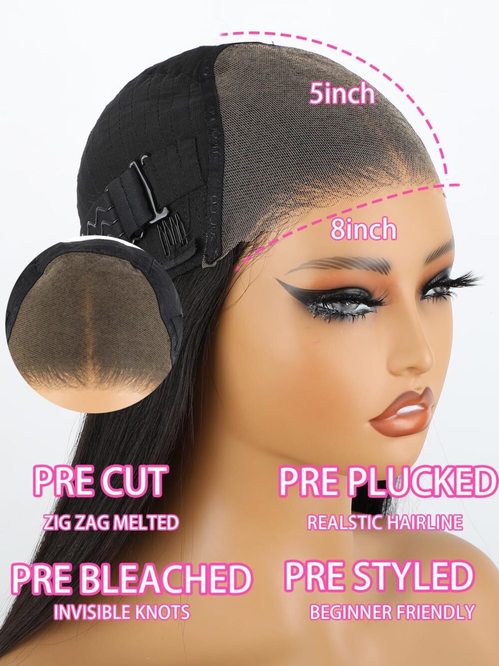 ⁦باروكة شعر طبيعي Domiso 26 بوصة - بدون غراء، رباط HD 8x5، مشذبة مسبقًا، شعر مستقيم حرير، كثافة 180%، لون أسود طبيعي⁩ - الصورة ⁦4⁩