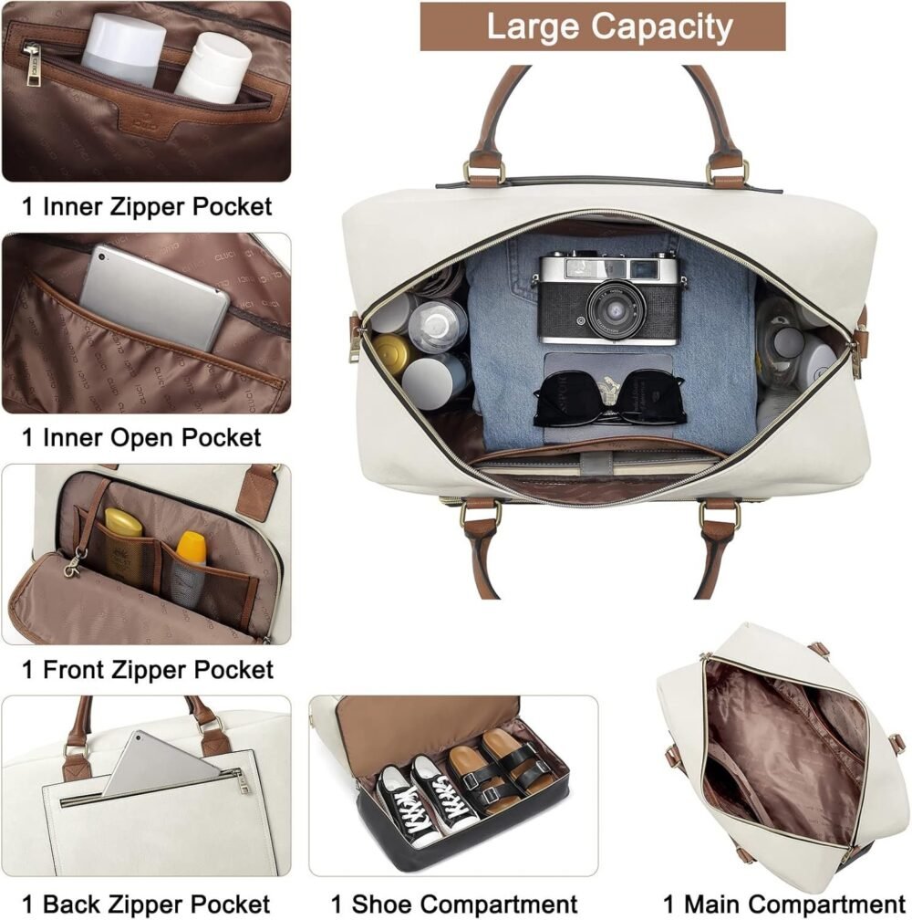 حقيبة السفر "كلوسي" للنساء - حقيبة دفل جلدية كبيرة مع حجرة للأحذية، حقيبة أسبوعية، حقيبة لليلة واحدة - بيج مع بني وأسود - الصورة 4