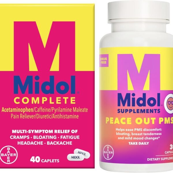 حزمة مسكن آلام الدورة الشهرية ميدول كومبليت 40 قرص + مكمل غذائي لدعم أعراض الدورة الشهرية ميدول بيس أوت PMS، 30 كبسولة