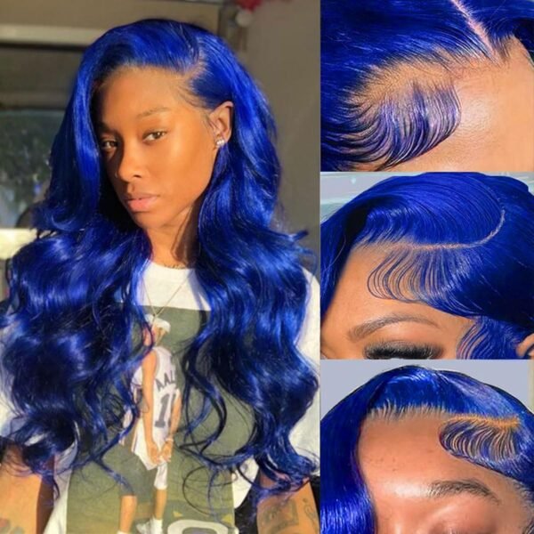 باروكة شعر بشري زرقاء، 26 بوصة، 9x6 رباط أمامي HD شفاف، بدون غراء، تموجات الجسم، كثافة 200%، مع شعر صغير، لون أزرق داكن