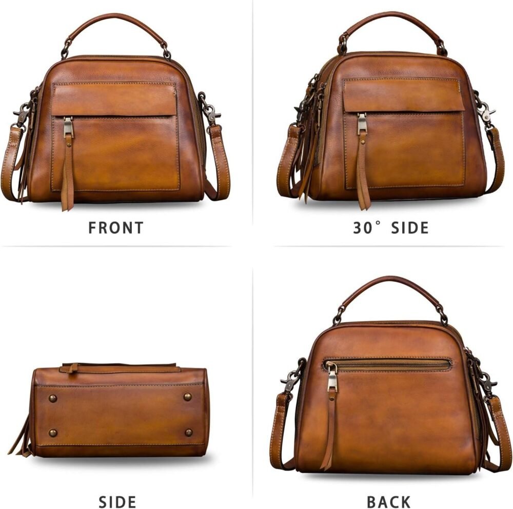 حقيبة يد نسائية من الجلد الطبيعي مع حزام كروس بودي، حقيبة كتف يدوية الصنع بتصميم عتيق - الصورة 4