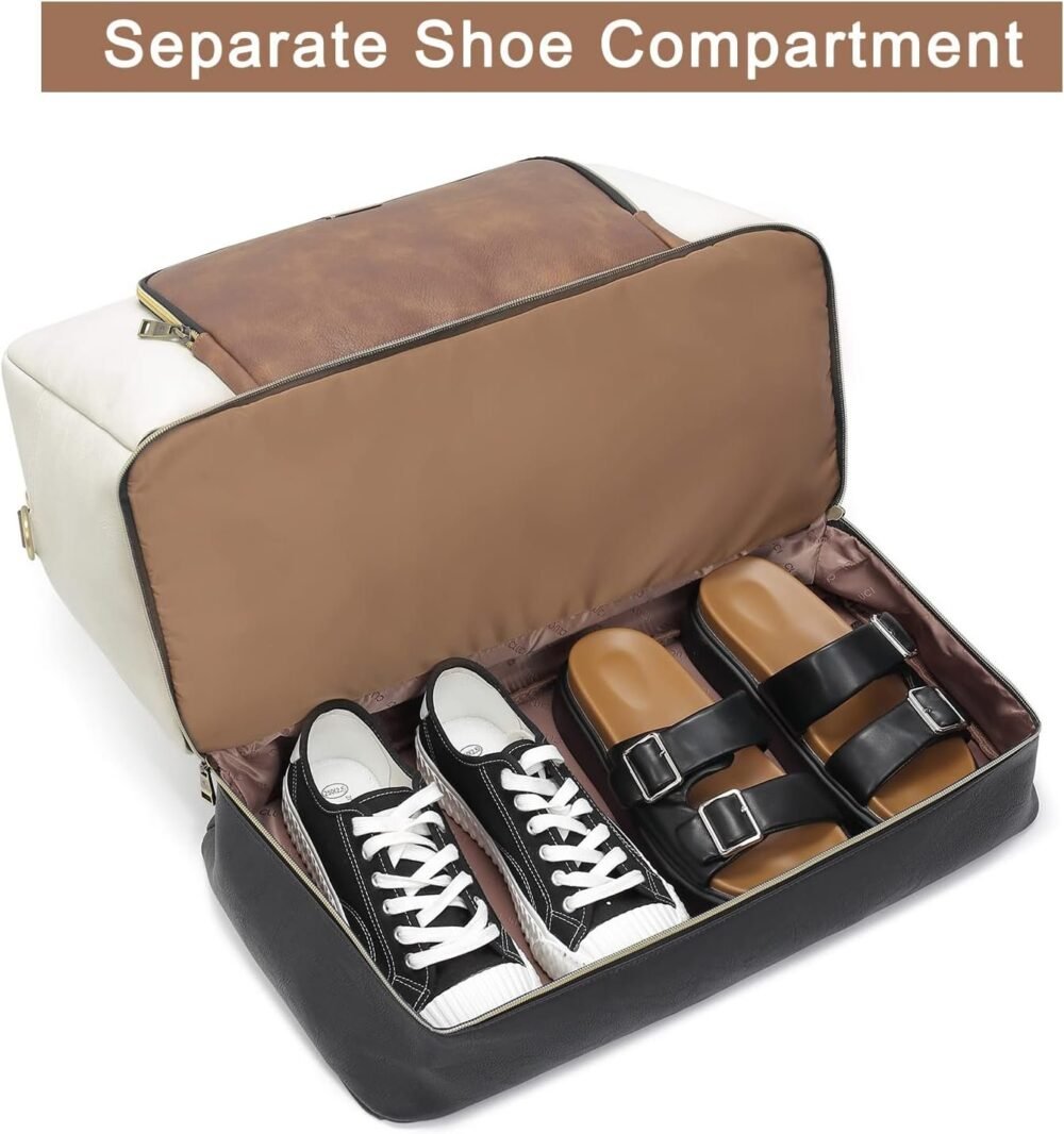 حقيبة السفر "كلوسي" للنساء - حقيبة دفل جلدية كبيرة مع حجرة للأحذية، حقيبة أسبوعية، حقيبة لليلة واحدة - بيج مع بني وأسود - الصورة 5