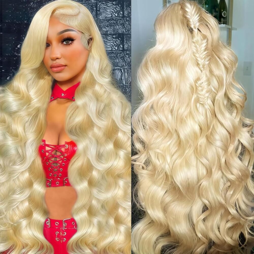 ⁦باروكة شعر بشري 613 بغطاء أمامي 13x6 HD، 32 بوصة، تموجات جسم، كثافة 250%، شعر أشقر، بدون غراء، مع عقد مبيضة مسبقًا⁩ - الصورة ⁦6⁩