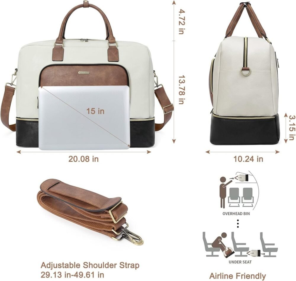 حقيبة السفر "كلوسي" للنساء - حقيبة دفل جلدية كبيرة مع حجرة للأحذية، حقيبة أسبوعية، حقيبة لليلة واحدة - بيج مع بني وأسود - الصورة 3
