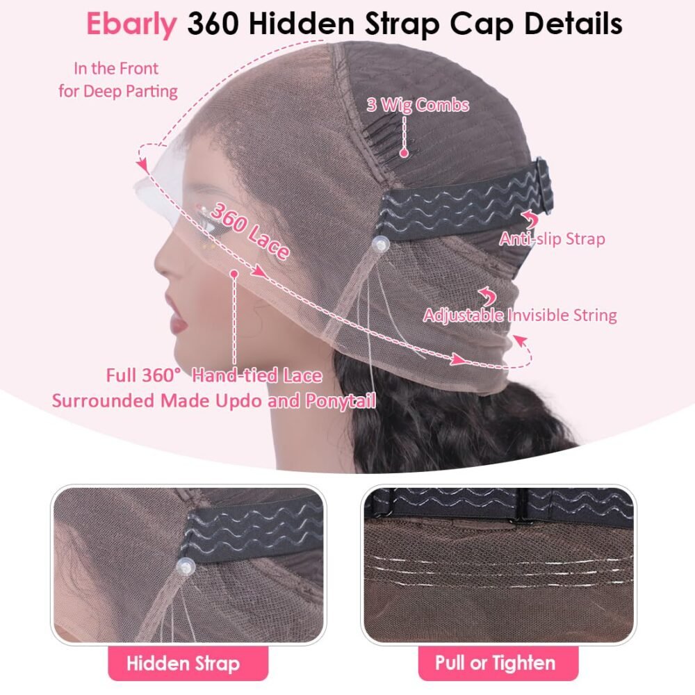 باروكة شعر طبيعي مموج بتقنية Hidden Strap – تصميم 360 Glueless، طول 26 بوصة، كثافة 180% ودانتيل شفاف HD - الصورة 3