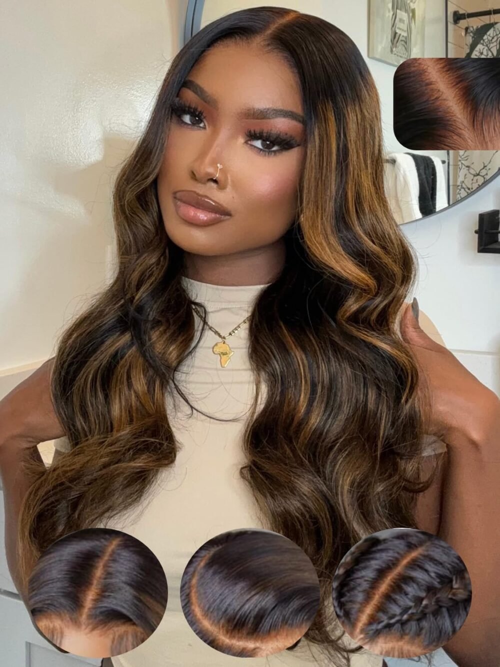 باروكة Julia Hair Bye Bye Knots بلون هايلايت بالياج بني - رباط أمامي HD 7x5، بدون غراء، تموجات جسم، مشذبة مسبقًا، شعر بشري 22 بوصة