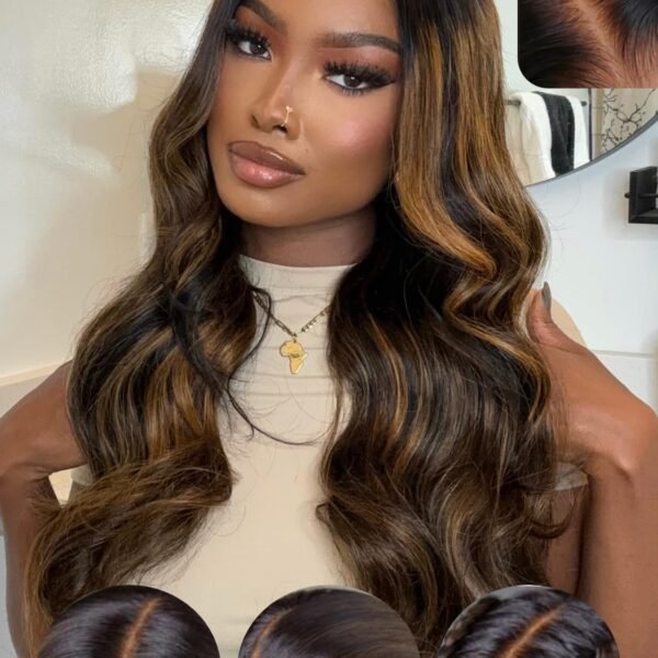 باروكة Julia Hair Bye Bye Knots بلون هايلايت بالياج بني - رباط أمامي HD 7x5، بدون غراء، تموجات جسم، مشذبة مسبقًا، شعر بشري 22 بوصة