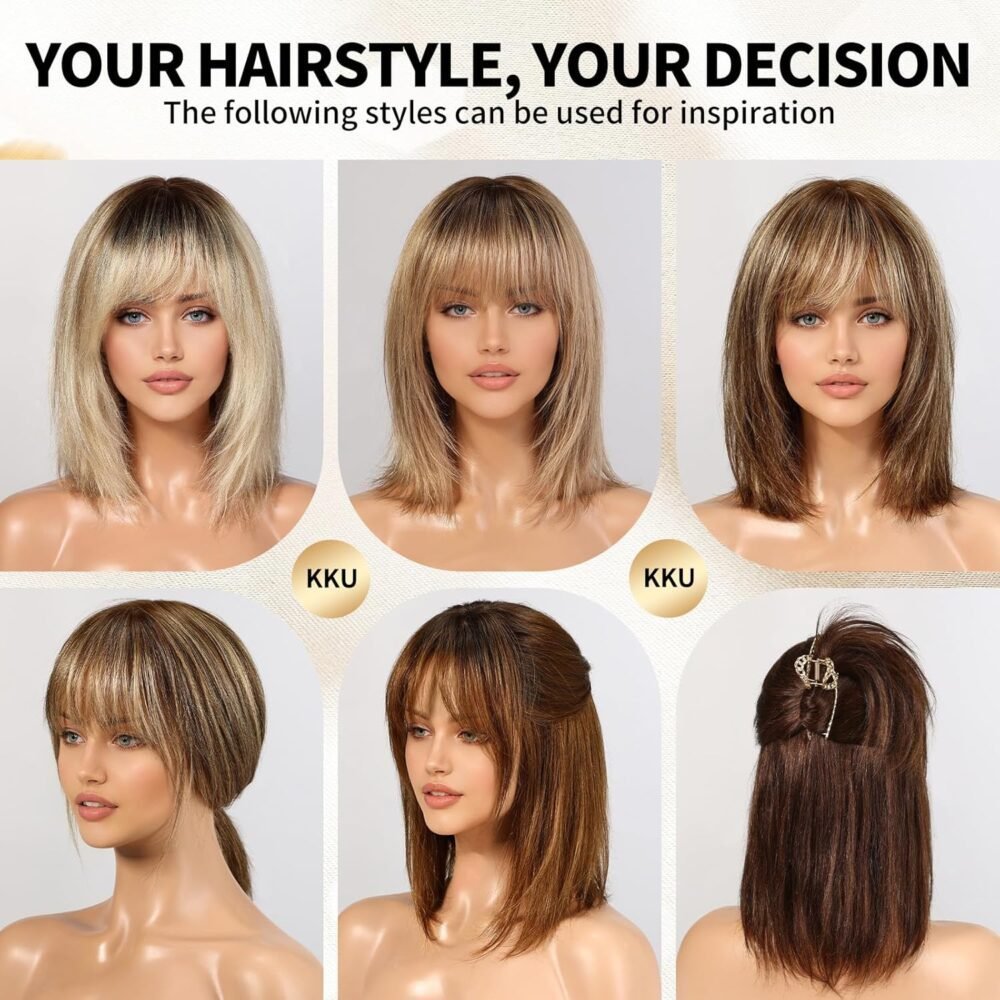 ويغ شعر بشري 12 إنش أومبري أش بلوند مع غرة للنساء - شعر ريمي طبيعي، ويغ بشري بألوان متدرجة - الصورة 5