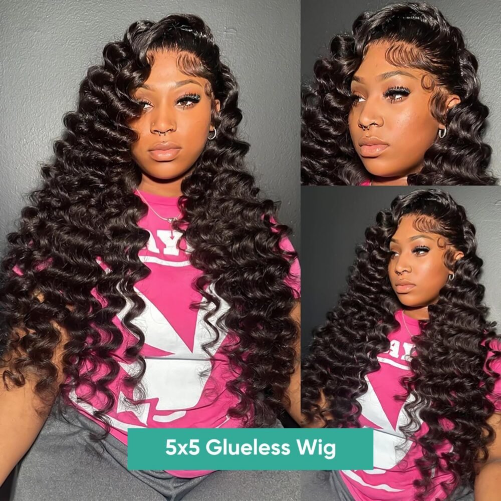 باروكة شعر بشري 32 بوصة تموجات عميقة فضفاضة بدون غراء، 5x5 غطاء إغلاق، شعر بشري - الصورة 3