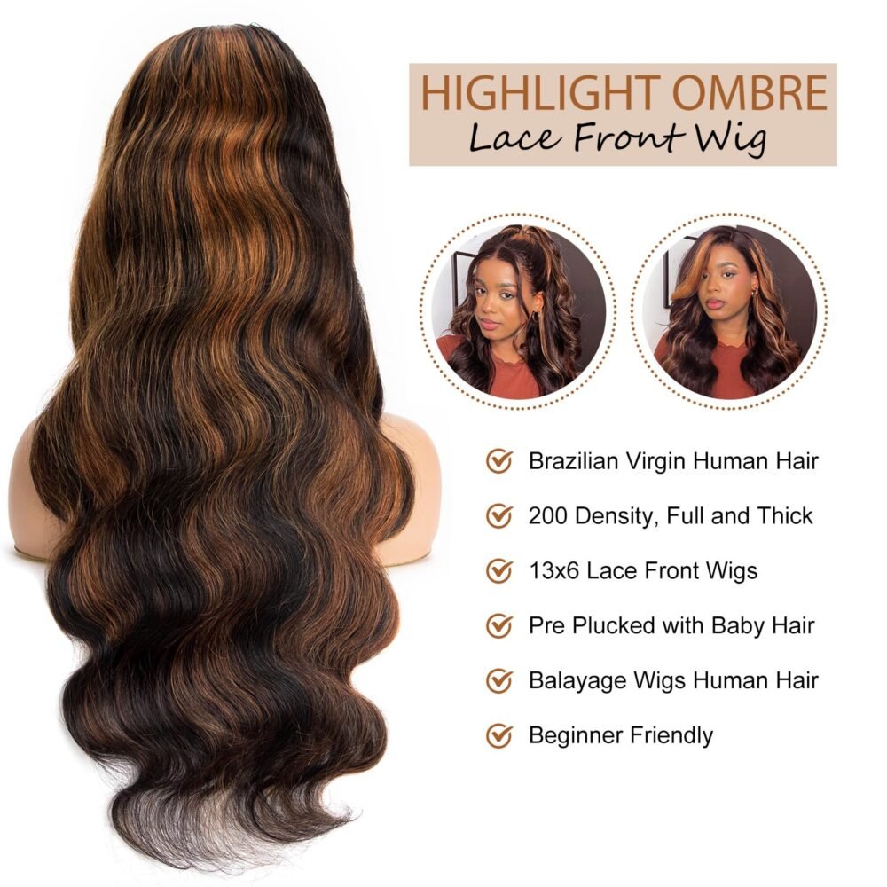 باروكة 30 بوصة دانتيل أمامي 13x6 من شعر طبيعي مع هايلايت بويفيه جسم - باروكة بشرية بدون غراء مع أومبري فانيلا وبلوند بالياج لشعر طبيعي - الصورة 3