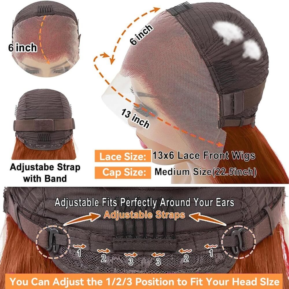 ⁦باروكة شعر طبيعي بلون بني محمر - رباط أمامي HD 13x6، بدون غراء، مشذبة مسبقًا، طول 32 بوصة⁩ - الصورة ⁦2⁩