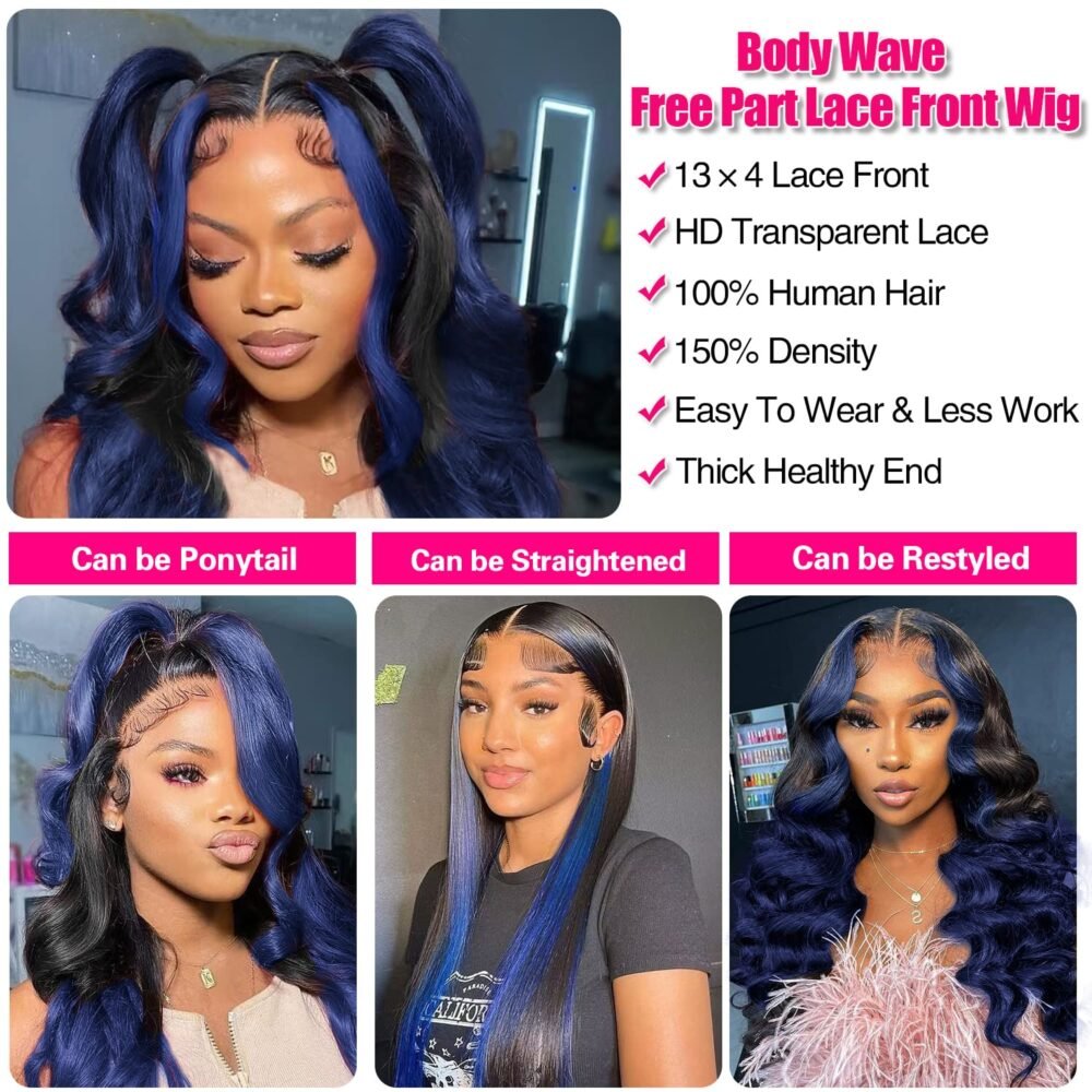 باروكة شعر بشري 30 بوصة، تموجات جسم، خطوط شريطية ملونة، رباط أمامي 13x4، هايلايت أزرق ملكي، 1B/أزرق، كثافة 150% - الصورة 5
