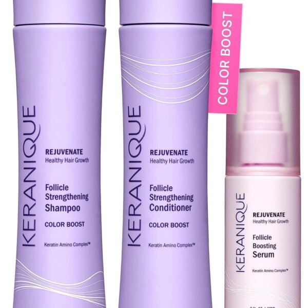 مجموعة Keranique للعناية بالشعر المصبوغ – شامبو وبلسم مع سيروم معزز للبصيلات - مجموعة غنية بالكيراتين لتعزيز لون الشعر مع شامبو وبلسم ورذاذ تكثيف للشعر المصبوغ والخفيف