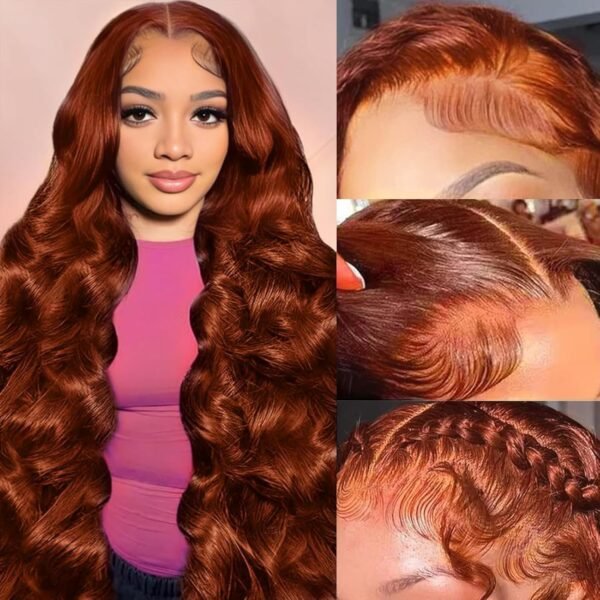 باروكة شعر طبيعي بلون بني محمر - رباط أمامي HD 13x6، بدون غراء، مشذبة مسبقًا، طول 32 بوصة