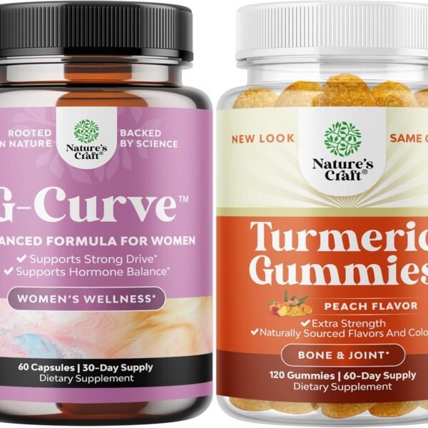 حزمة جي-كيرف لتعزيز الثدي والمؤخرة + حبوب الكركم لدعم المفاصل للبالغين بنكهة الخوخ - مكملات تقوية المفاصل بقوة الكركم كركومين