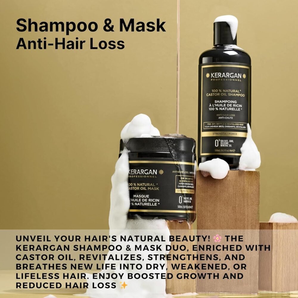 مجموعة شامبو وماسك Kerargan لمكافحة تساقط الشعر بزيت الخروع للشعر الجاف والضعيف والباهت - يعزز النمو - خالي من الكبريتات والسيليكون والمواد المعدلة وراثيًا - عبوة 2x16.9 أونصة - الصورة 2