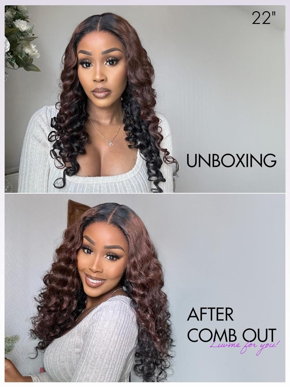 باروكة شعر بشري 22 بوصة مختلط بني وأسود، 5x5، بدون غراء، تجعيد مائي، كثافة 180%، شعر بشري فاخر - الصورة 3