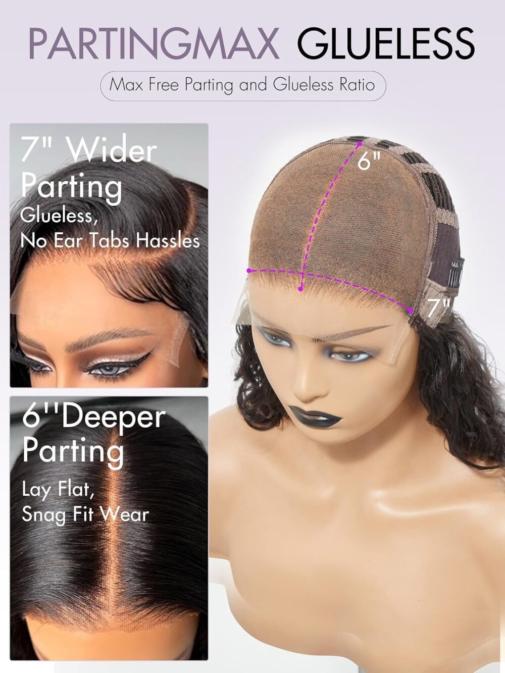 ⁦باروكة جليوليس بشعر بشري 12 بوصة مع تسريحة لوس بودي ويڤ 7x6، مسبقة القطع ومصفوفة مسبقًا، شعر بشري طويل باللون الأسود الطبيعي⁩ - الصورة ⁦3⁩